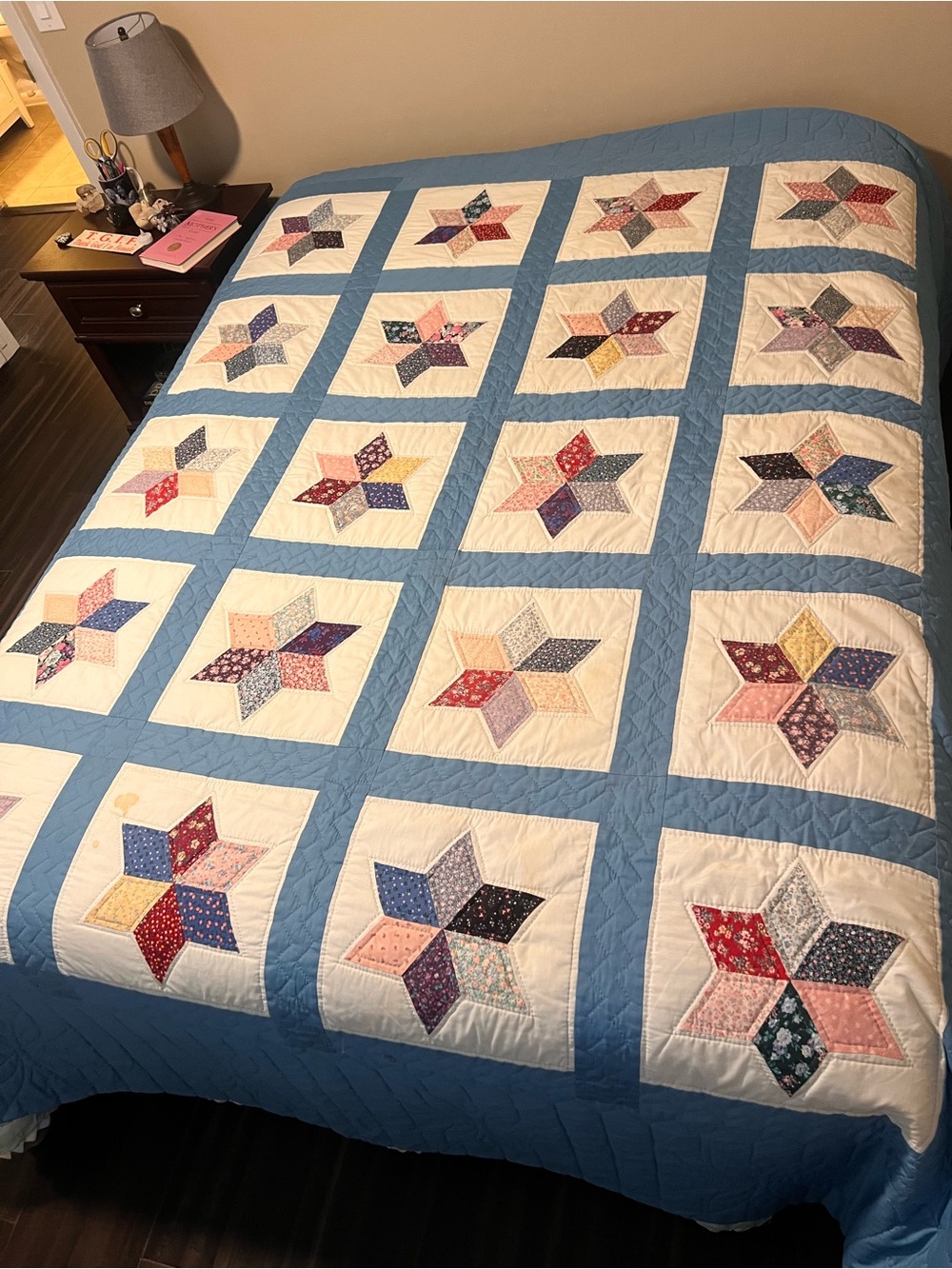 Handmade Star Patchwork Quilt - Blue and Cream